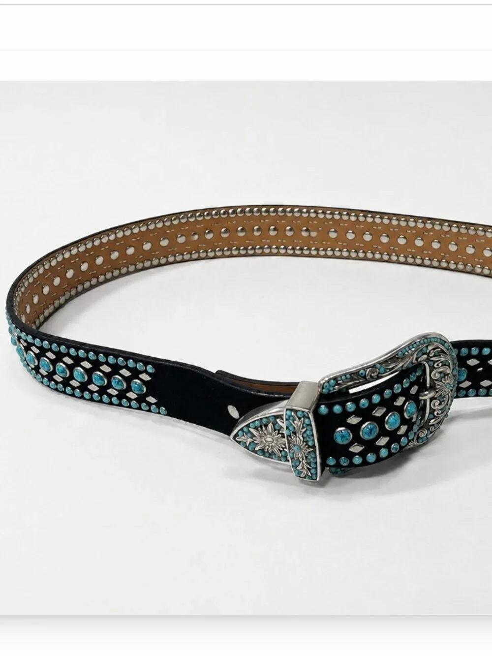 Nocona Black Leather Western Belt Large Turquoise Beaded Studded Floral Buckle